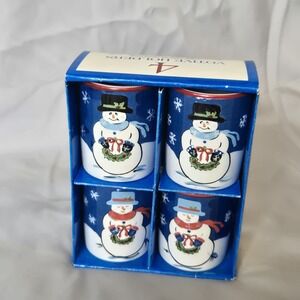 Kitchen Collection Lovely Snowman 4 Ironstone Votive Candle Holders Set w/ Box